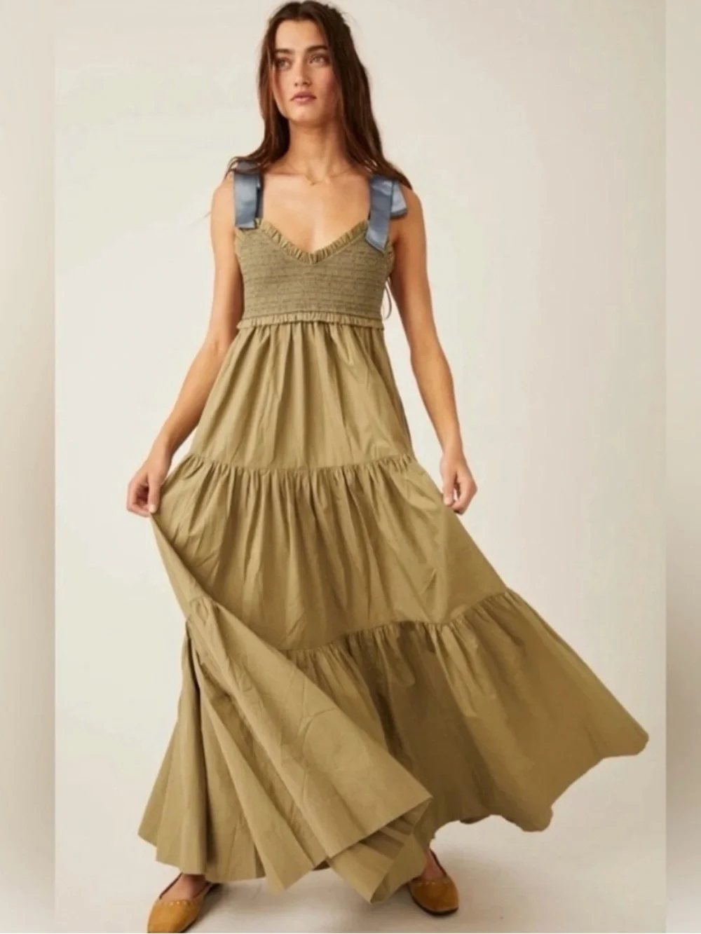 Free People Olive Green Maxi Dress with Blue Tie Straps - Picture 5 of 6